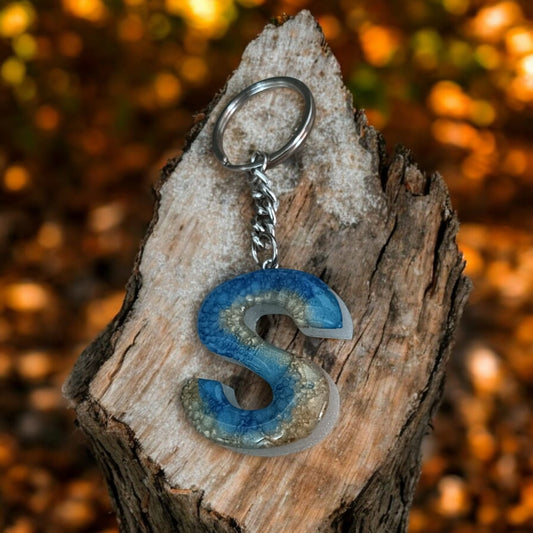 Resin Alphabet Keychain –Blue and Golden Blend